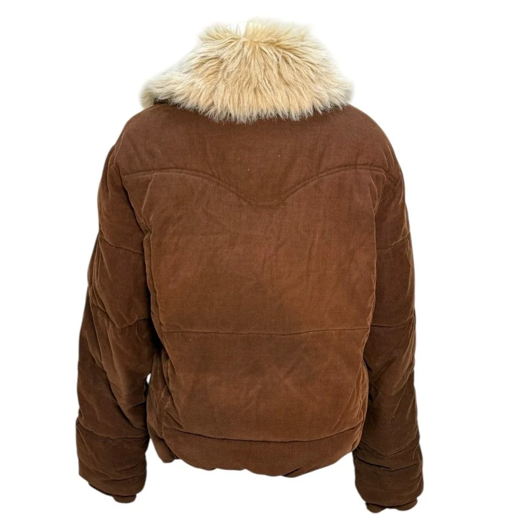Vintage Y2K Corduroy Puffer Jacket Faux Fur Coat Women XL Chocolate Brown Sherpa